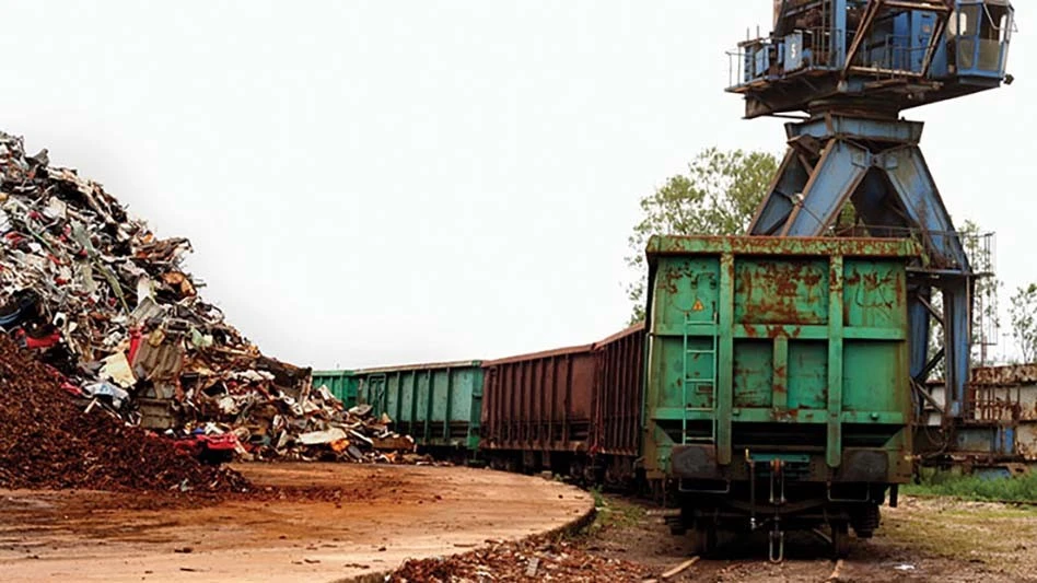 a rail car at a scrap yard