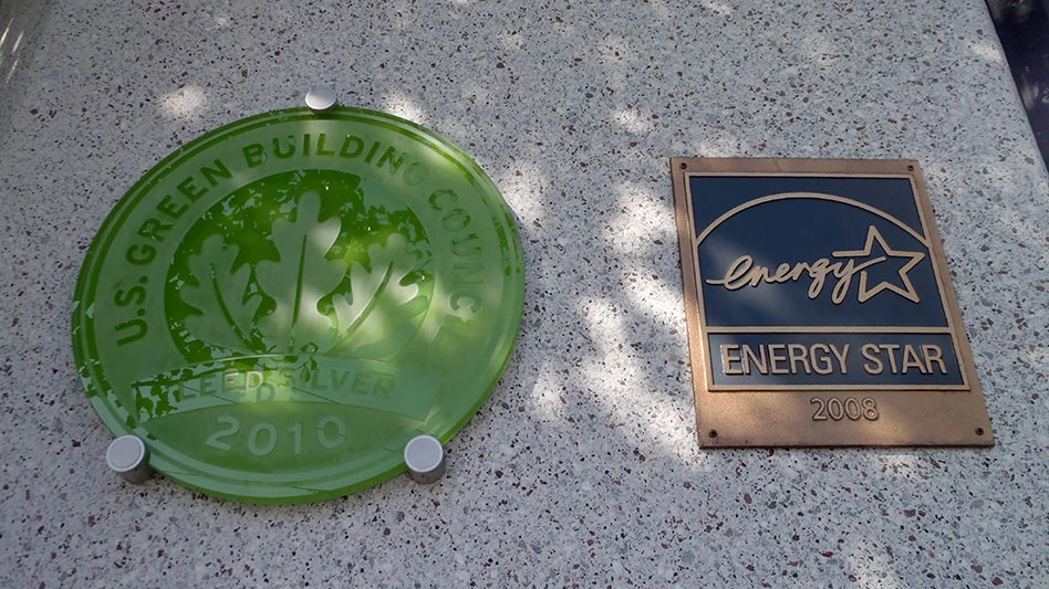 leed certification plaque outside a building